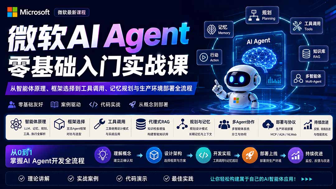 微软AI Agent零基础入门实战课：从智能体原理、框架选择到工具调用、记忆规划与生产环境部署全流程-吾爱云课堂