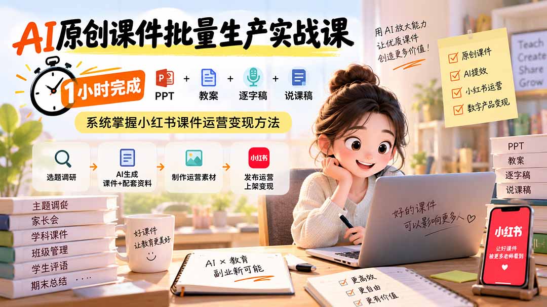 AI原创课件批量生产实战课：1小时完成PPT+教案+逐字稿+说课稿，系统掌握小红书课件运营变现方法-吾爱云课堂