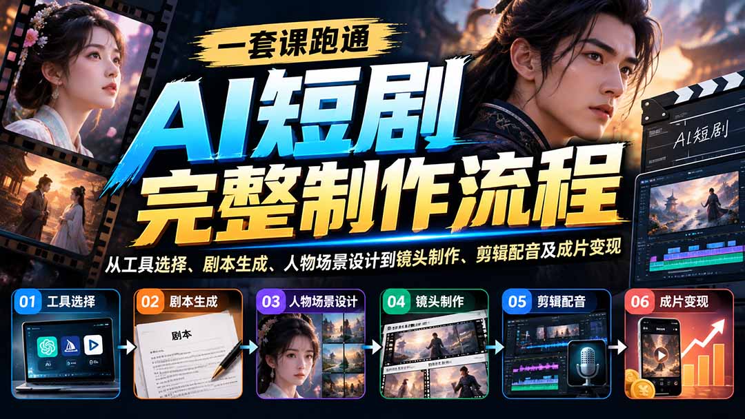一套课跑通AI短剧完整制作流程：从工具选择、剧本生成、人物场景设计到镜头制作、剪辑配音及成片变现-吾爱云课堂