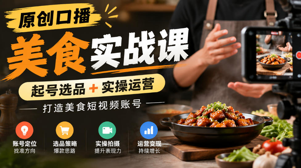 原创口播美食实战课，起号选品+实操运营，打造美食短视频账号-吾爱云课堂