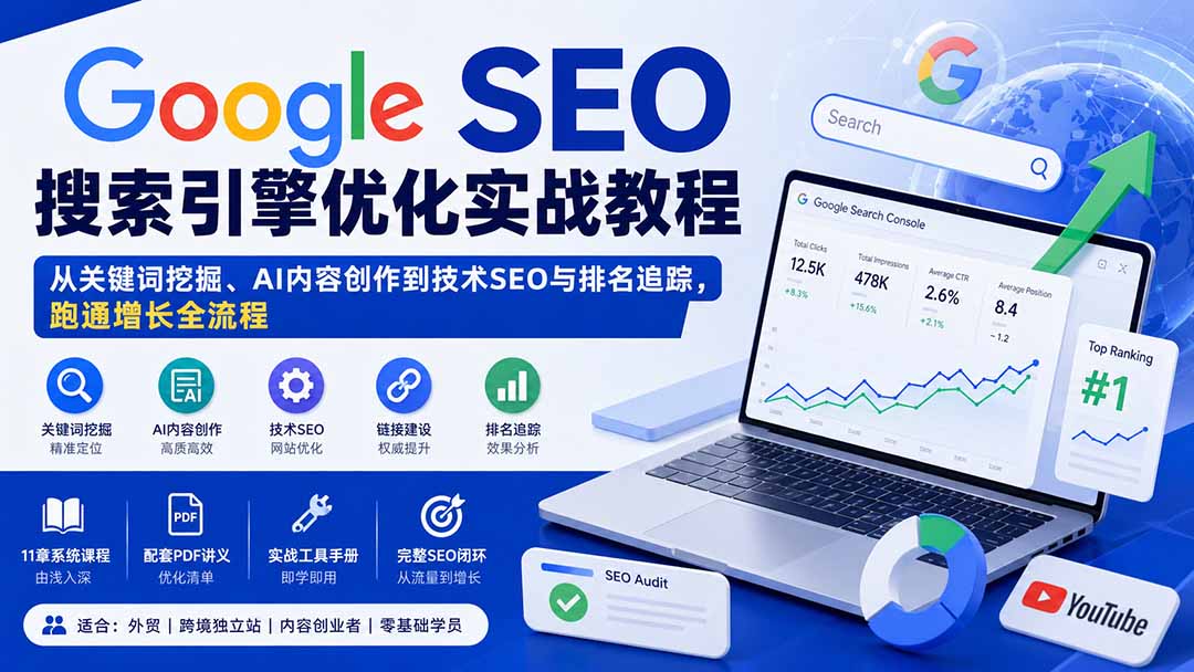 Google SEO搜索引擎优化实战教程：从关键词挖掘、AI内容创作到技术SEO与排名追踪，跑通增长全流程-吾爱云课堂