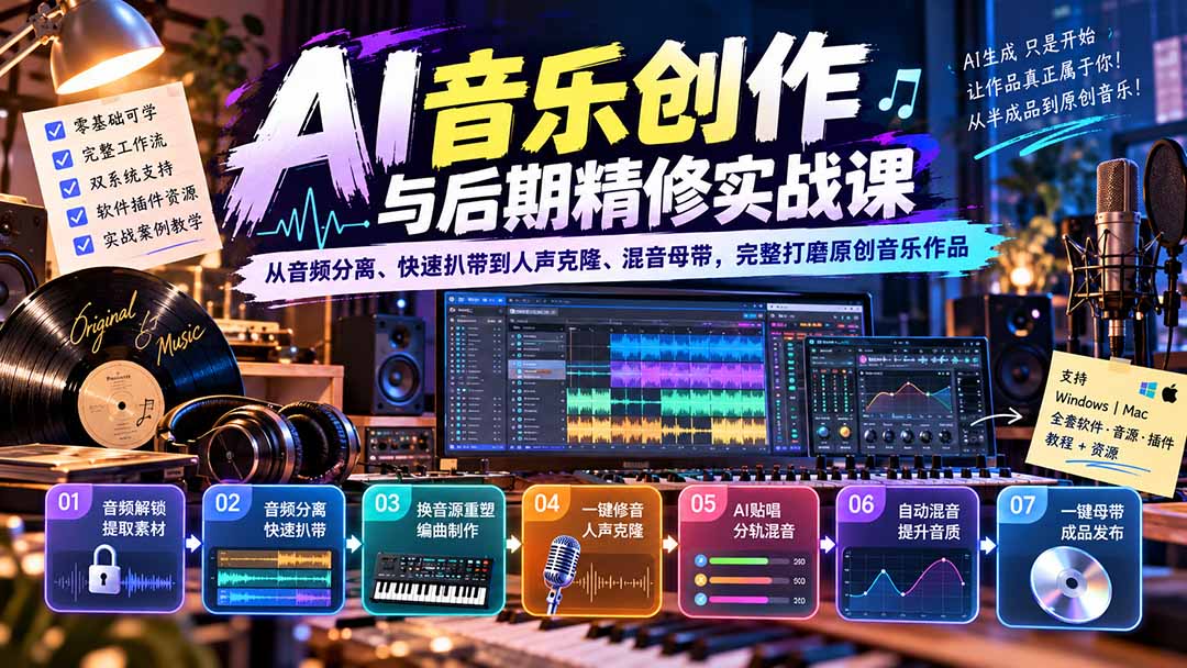 AI音乐创作与后期精修实战课：从音频分离、快速扒带到人声克隆、混音母带，完整打磨原创音乐作品-吾爱云课堂