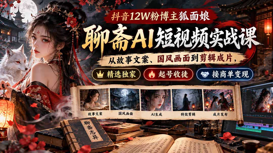 抖音12W粉博主狐面娘-聊斋AI短视频实战课：从故事文案、国风画面到剪辑成片，精选独家+起号收徒+接商单变现-吾爱云课堂