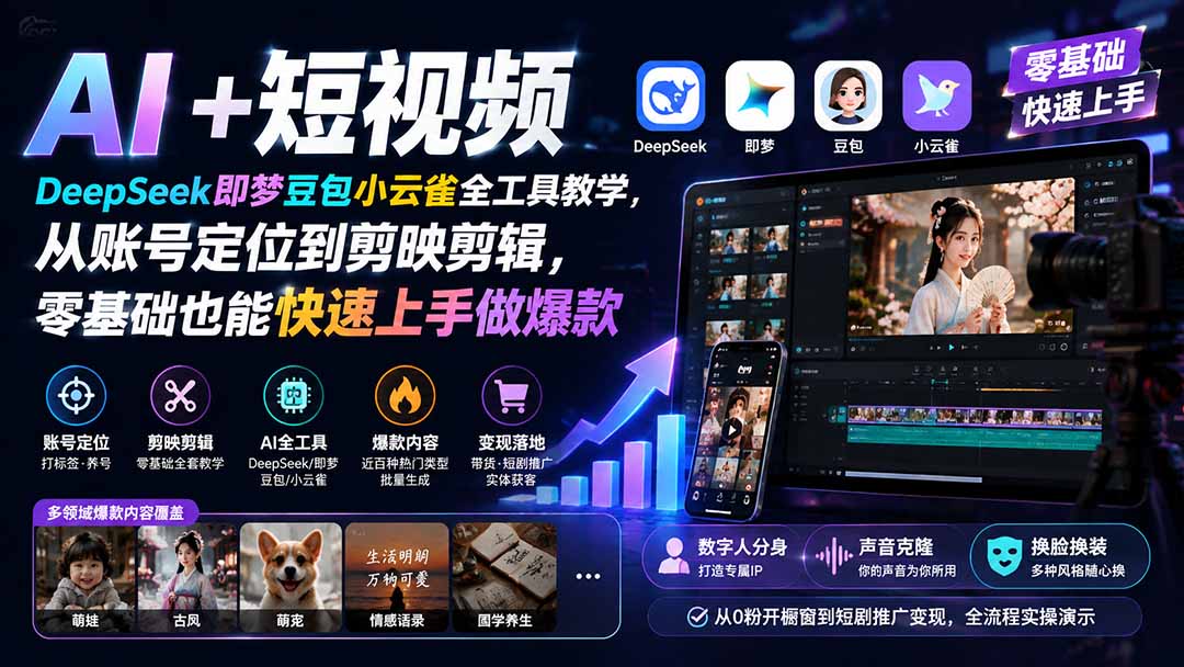 AI+短视频｜DeepSeek即梦豆包小云雀全工具教学，从账号定位到剪映剪辑，零基础也能快速上手做爆款-吾爱云课堂