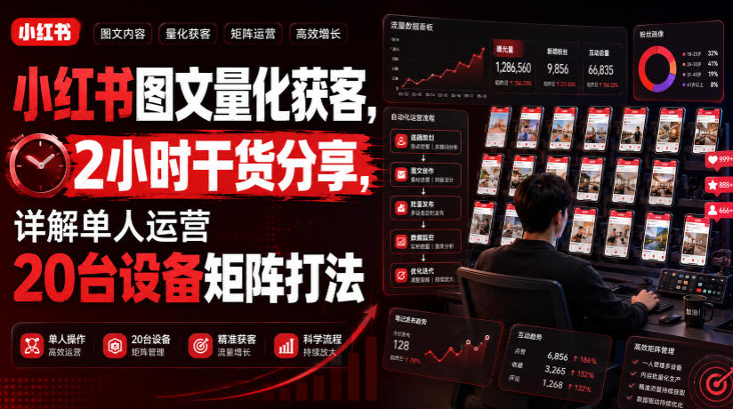 小红书图文量化获客，2小时干货分享，详解单人运营20台设备矩阵打法-吾爱云课堂