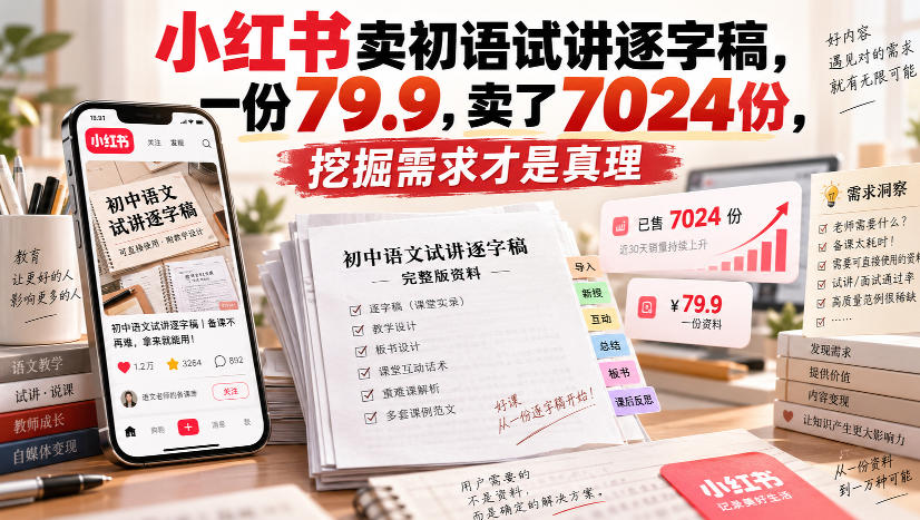 小红书卖初语试讲逐字稿，一份79.9，卖了7024份，挖掘需求才是真理-吾爱云课堂