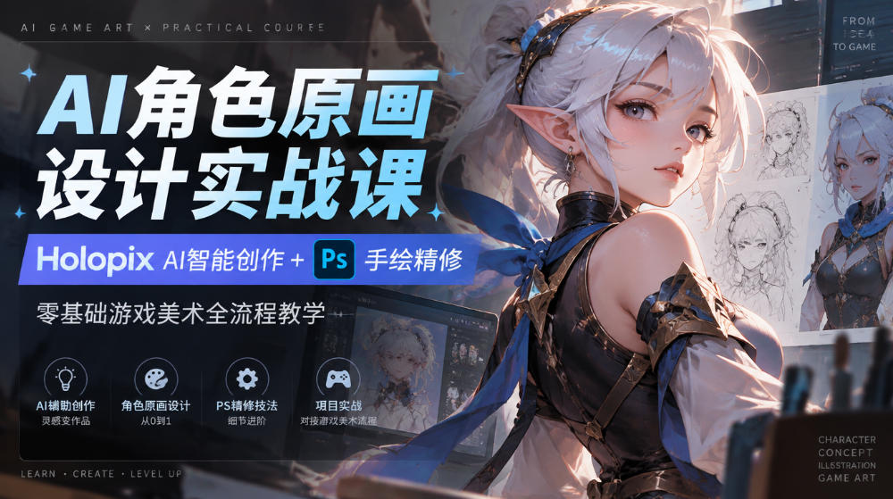AI角色原画设计实战课｜Holopix AI智能创作+PS手绘精修，零基础游戏美术全流程教学-吾爱云课堂