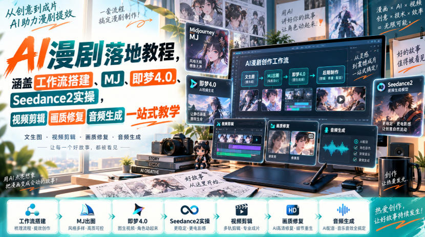 AI漫剧落地教程，涵盖工作流搭建、MJ、即梦4.0、Seedance2实操，视频剪辑画质修复音频生成一站式教学-吾爱云课堂