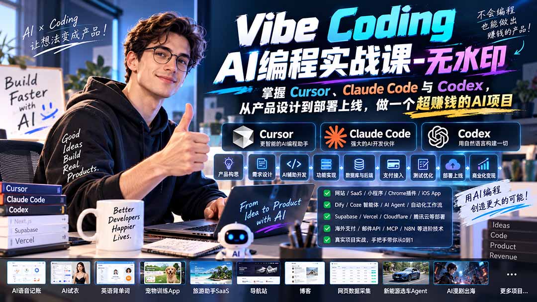 Vibe Coding AI编程实战课-无水印：掌握Cursor、Claude Code与Codex，从产品设计到部署上线，做一个超赚钱的AI项目-吾爱云课堂