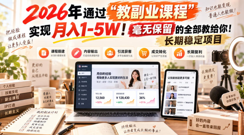 2026年通过“教副业课程”实现月入1-5W！毫无保留的全部教给你！长期稳定项目-吾爱云课堂