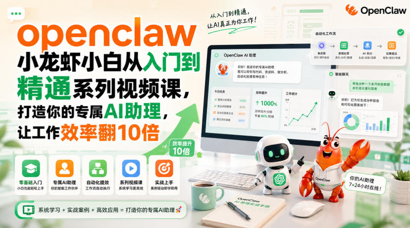 openclaw小龙虾小白从入门到精通系列视频课，打造你的专属AI助理，让工作效率翻10倍-吾爱云课堂