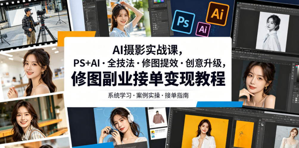 AI摄影实战课，PS+AI・全技法・修图提效・创意升级，修图副业接单变现教程-吾爱云课堂