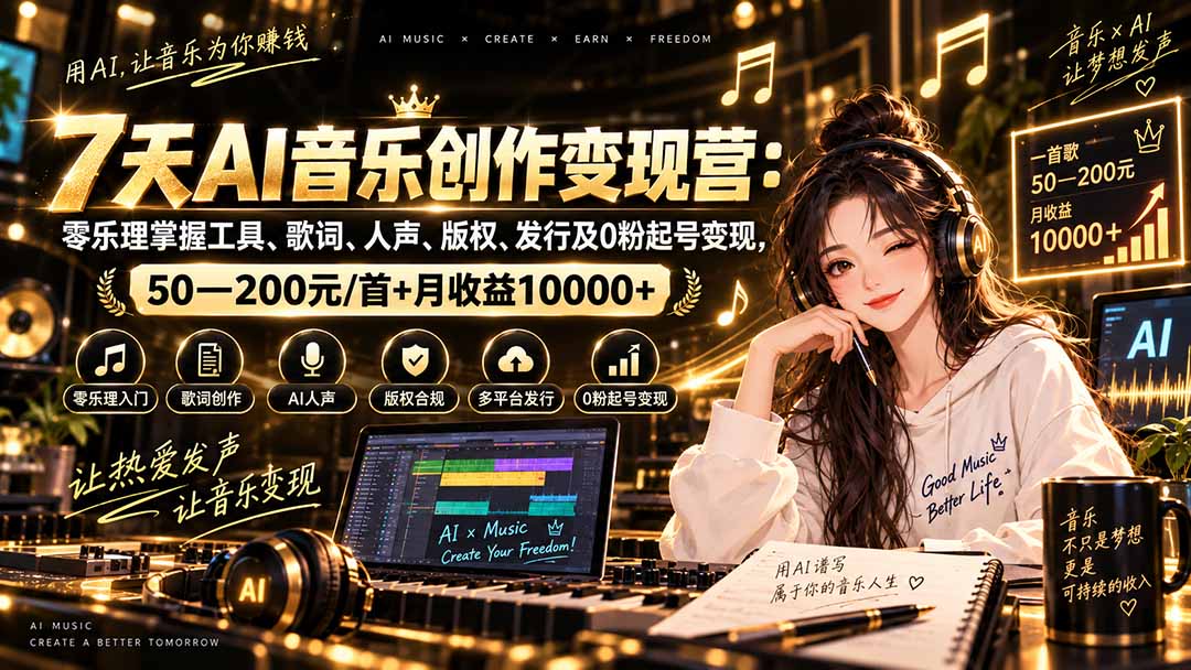 AI音乐创作变现营：零乐理掌握工具、歌词、人声、版权、发行及0粉起号变现，50—200元/首+月收益10000+-吾爱云课堂