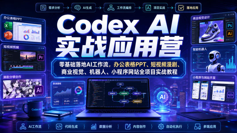 Codex AI实战应用营｜零基础落地AI工作流，办公表格PPT、短视频漫剧、商业视觉、机器人、小程序网站全项目实战教程-吾爱云课堂