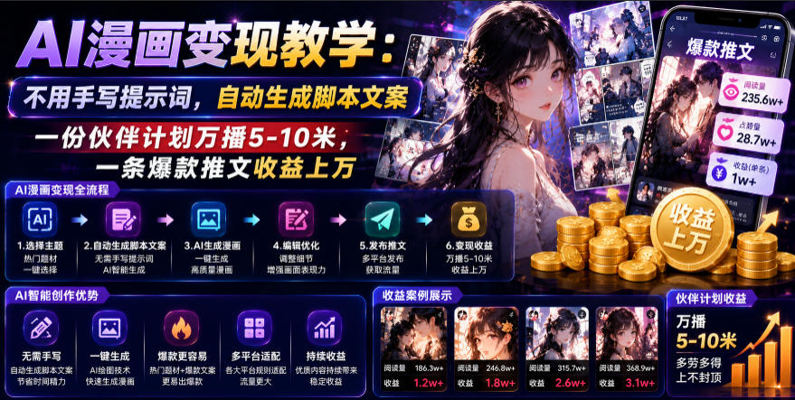AI漫画变现教学：不用手写提示词，自动生成脚本文案，一份伙伴计划万播5-10米，一条爆款推文收益上W-吾爱云课堂