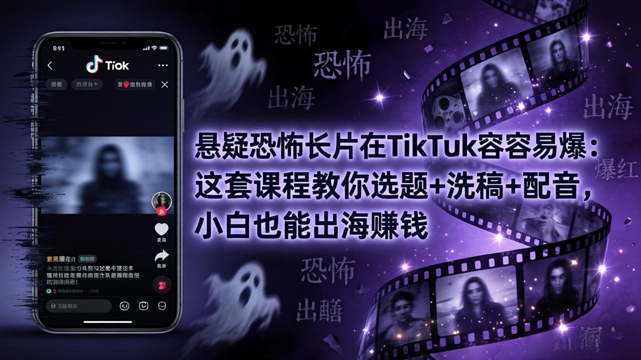 悬疑恐怖长片在TikTok最容易爆：这套课程教你选题+洗稿+配音，小白也能出海赚钱-吾爱云课堂