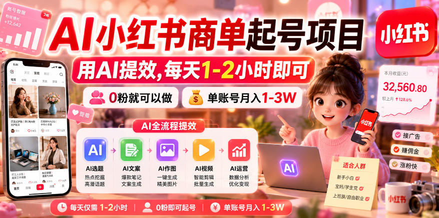 AI小红书商单起号项目，用AI提效,每天1-2小时即可，0粉就可以做，单账号月入1-3W-吾爱云课堂