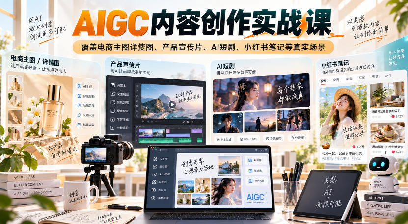 AIGC内容创作实战课，覆盖电商主图详情图、产品宣传片、AI短剧、小红书笔记等真实场景-吾爱云课堂