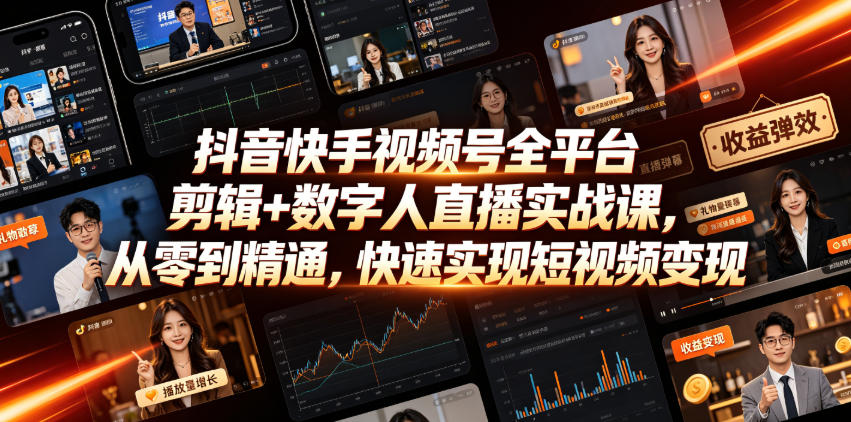 抖音快手视频号全平台剪辑+数字人直播实战课，从零到精通，快速实现短视频变现(更新2026年6月)​-吾爱云课堂
