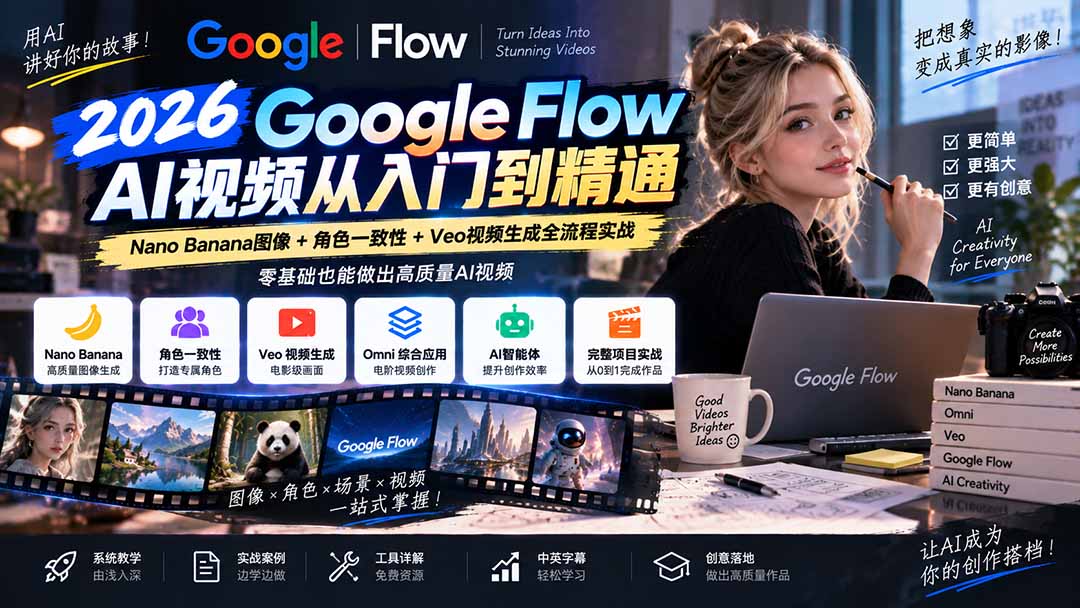 【无水印】Google Flow AI视频从入门到精通：Nano Banana图像+角色一致性+Veo视频生成全流程实战-精翻中英字幕-吾爱云课堂