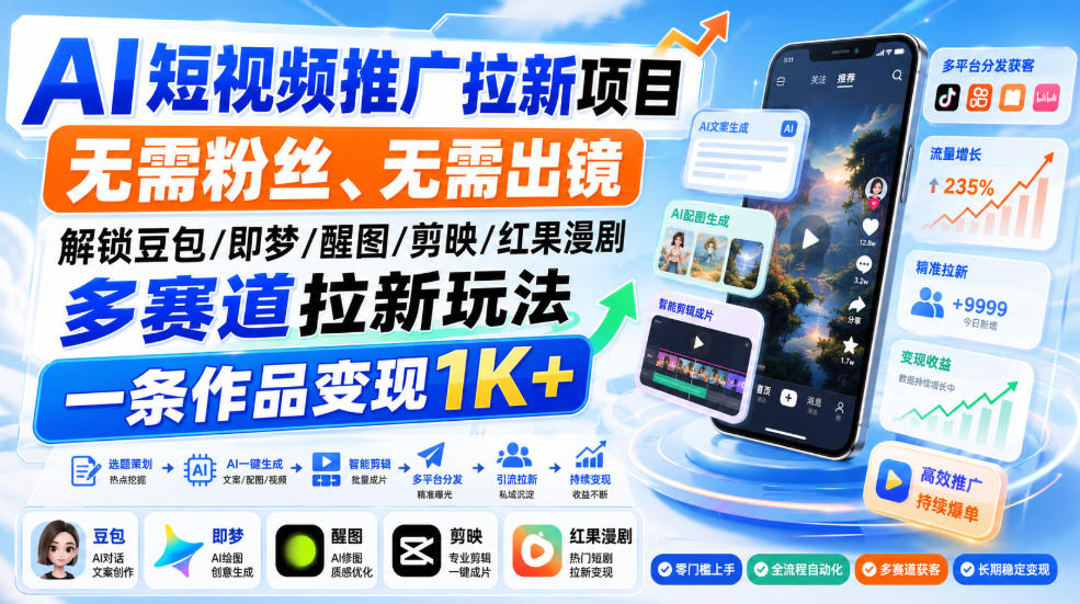 AI短视频推广拉新项目，无需粉丝、无需出镜，解锁豆包/即梦/醒图/剪映/红果漫剧多赛道拉新玩法，一条作品变现1K+-吾爱云课堂