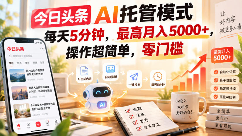 今日头条AI托管模式，每天5分钟，最高月入5000+，操作超简单，零门槛【揭秘】-吾爱云课堂