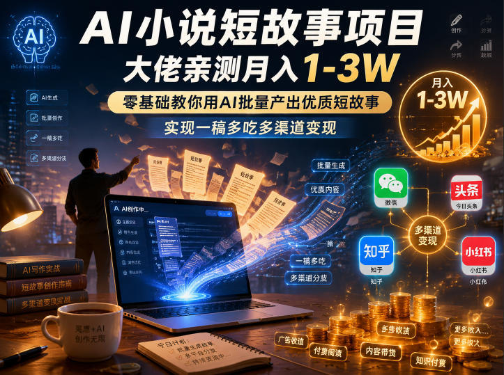 AI小说短故事项目，大佬亲测月入1-3W，零基础教你用AI批量产出优质短故事，实现一稿多吃多渠道变现(更新0824)-吾爱云课堂