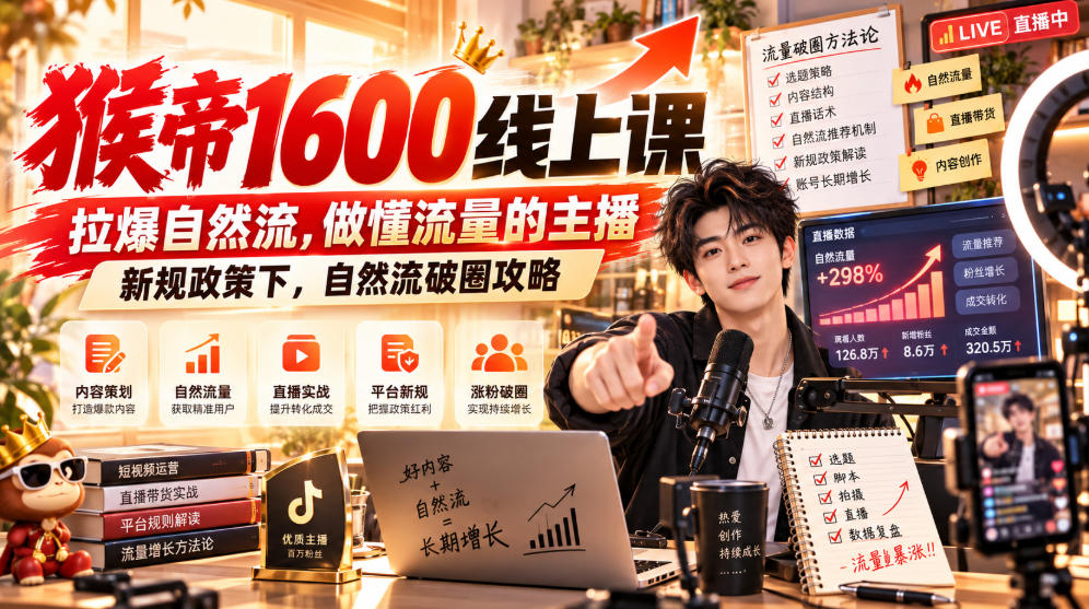 猴帝1600线上课，拉爆自然流，做懂流量的主播，新规政策下，自然流破圈攻略【更新260926】-吾爱云课堂