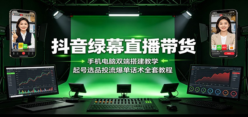 抖音绿幕直播带货：手机电脑双端搭建教学，起号选品投流爆单话术全套教程-吾爱云课堂