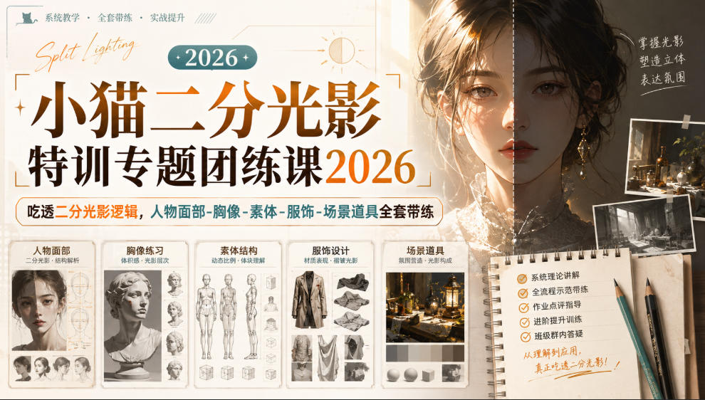 小猫二分光影特训专题团练课2026｜吃透二分光影逻辑，人物面部‑胸像‑素体‑服饰‑场景道具全套带练，高清画质附赠课件与笔刷-吾爱云课堂