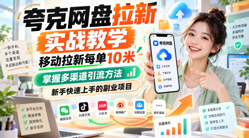 夸克网盘拉新实战教学，移动拉新每单10米，掌握多渠道引流方法，新手快速上手的副业项目-吾爱云课堂