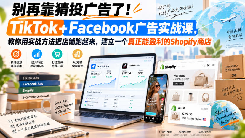 别再靠猜投广告了！TikTok+Facebook广告实战课，教你用实战方法把店铺跑起来，建立一个真正能盈利的Shopify商店【原创双语字幕】-吾爱云课堂