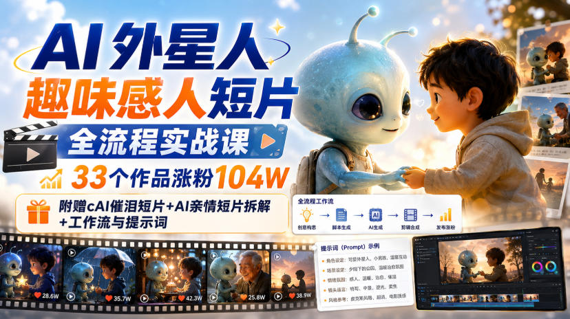 AI外星人趣味感人短片全流程实战课，33个作品涨粉104W，附赠AI催泪短片+AI亲情短片拆解+工作流与提示词-吾爱云课堂