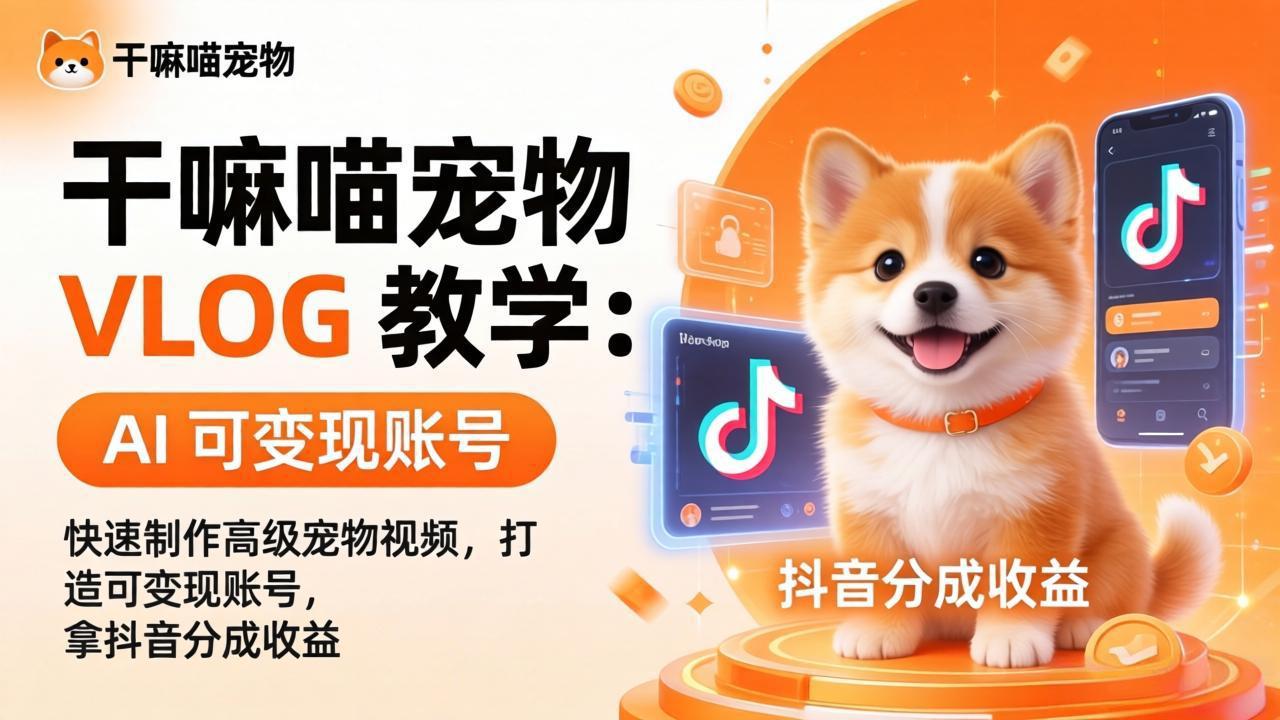 干嘛喵宠物 VLOG 教学：AI 快速制作高级宠物视频，打造可变现账号，拿抖音分成收益-吾爱云课堂