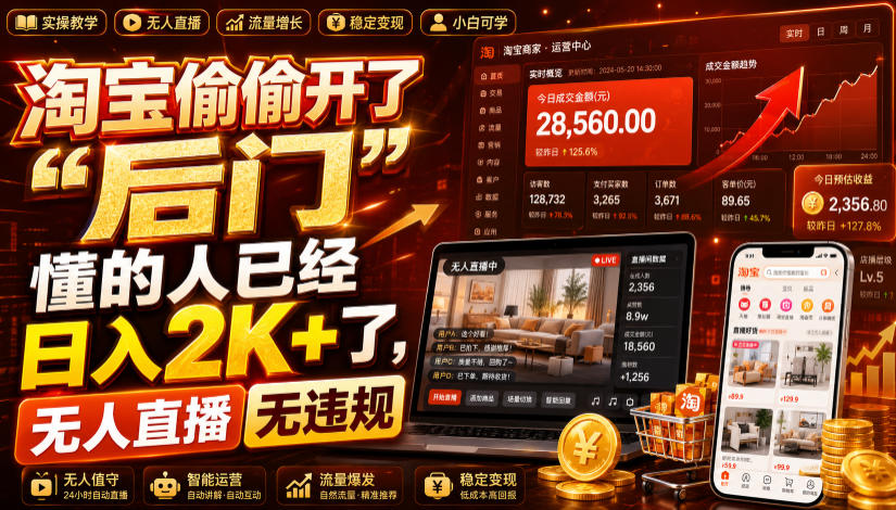 淘宝偷偷开了“后门”，懂的人已经日入2K+了，无人直播无违规，一台电脑=一家24小时营业的线上门店【揭秘】-吾爱云课堂