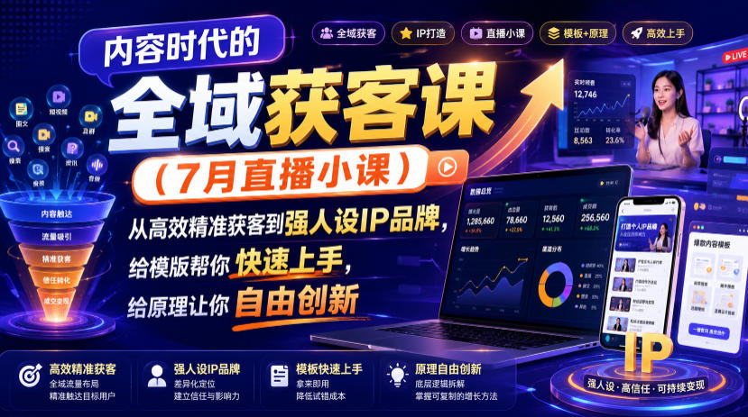 内容时代的全域获客课(7月直播小课)，从高效精准获客到强人设IP品牌，给模版帮你快速上手，给原理让你自由创新-吾爱云课堂