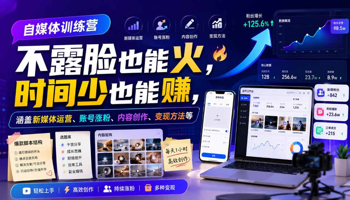 自媒体训练营，不露脸也能火，时间少也能賺，涵盖新媒体运营、账号涨粉、内容创作、变现方法等-吾爱云课堂