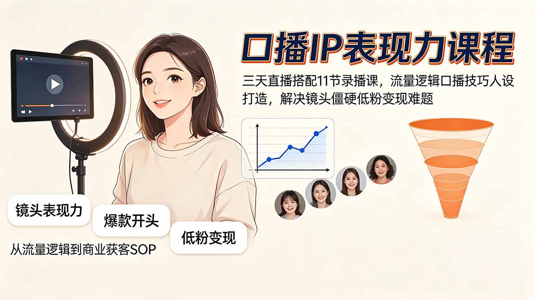 口播IP表现力课程｜三天直播搭配11节录播课，流量逻辑口播技巧人设打造，解决镜头僵硬低粉变现难题-吾爱云课堂