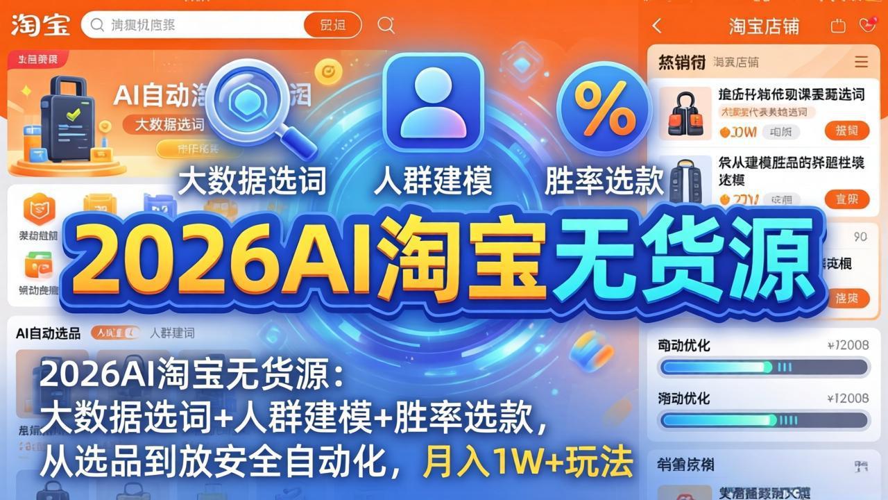 2026AI淘宝无货源-4月更新：大数据选词+人群建模+胜率选款，从选品到放大全自动化，月入1W+玩法-吾爱云课堂