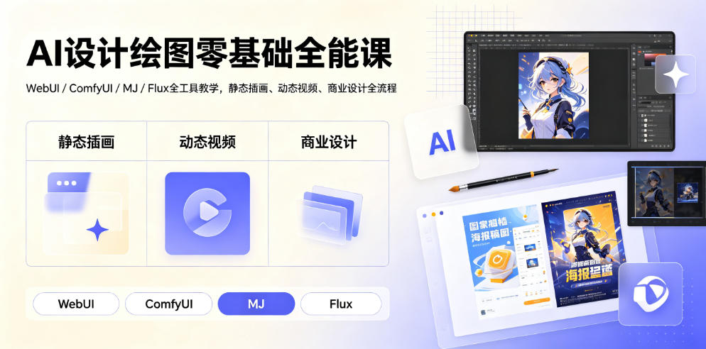 AI设计绘图零基础全能课｜WebUI/ComfyUI/MJ/Flux全工具教学，静态插画、动态视频、商业设计全流程-吾爱云课堂
