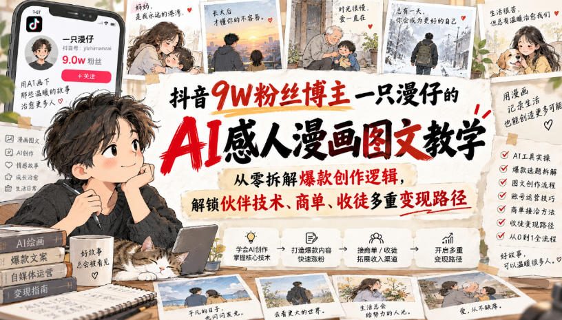抖音9W粉丝博主一只漫仔的AI感人漫画图文教学，从零拆解爆款创作逻辑，解锁伙伴技术、商单、收徒多重变现路径-吾爱云课堂