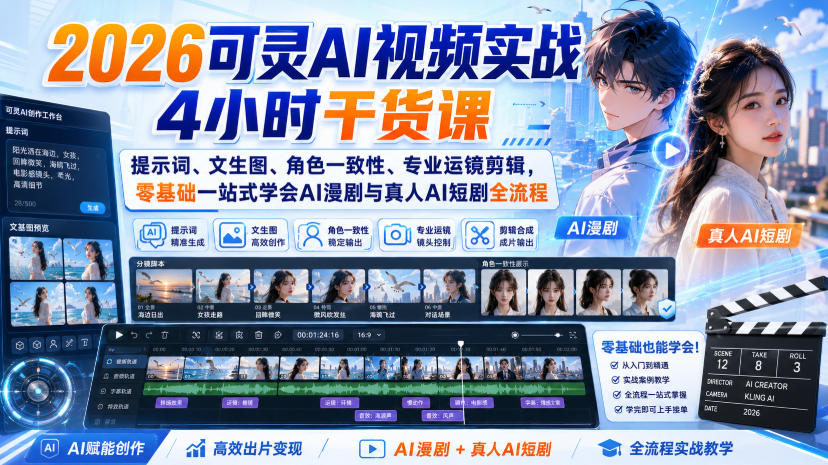 2026可灵AI视频实战4小时干货课｜提示词、文生图、角色一致性、专业运镜剪辑，零基础一站式学会AI漫剧与真人AI短剧全流程-吾爱云课堂