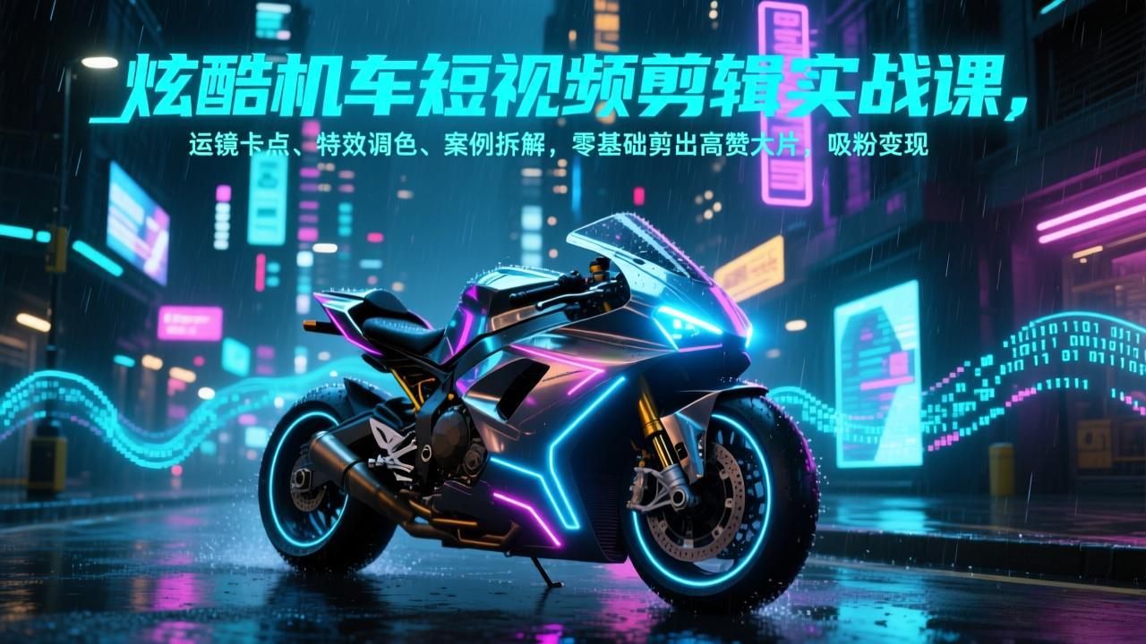 炫酷机车短视频剪辑实战课，运镜卡点、特效调色、案例拆解，零基础剪出高赞大片，吸粉变现-吾爱云课堂