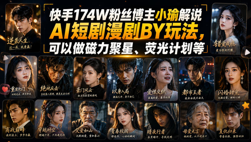快手174W粉丝博主小瑜解说AI短剧漫剧搬运玩法,可以做磁力聚星、荧光计划等-吾爱云课堂