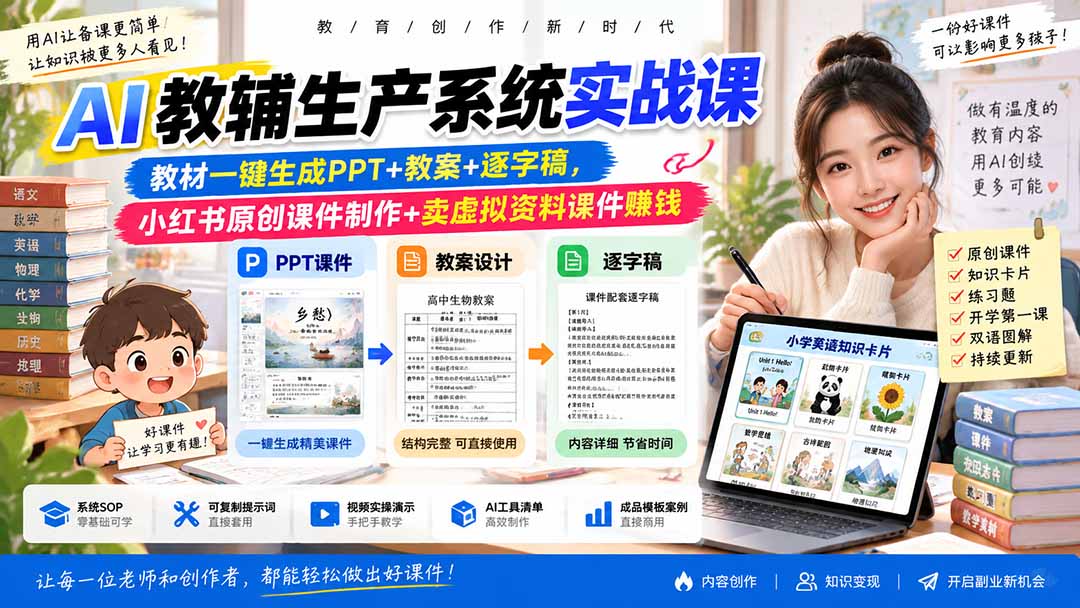 AI教辅生产系统实战课｜教材一键生成PPT+教案+逐字稿，小红书原创课件制作+卖虚拟资料课件赚钱-吾爱云课堂