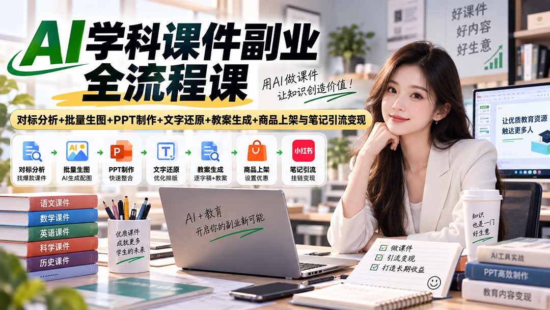 AI学科课件副业全流程课｜对标分析+批量生图+PPT制作+文字还原+教案生成+商品上架与笔记引流变现-吾爱云课堂