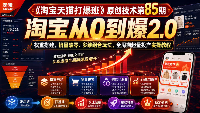 《淘宝天猫打爆班》原创技术第85期，淘宝从0到爆2.0，权重搭建、销量破零、多维组合玩法、全周期起量投产实操教程-吾爱云课堂