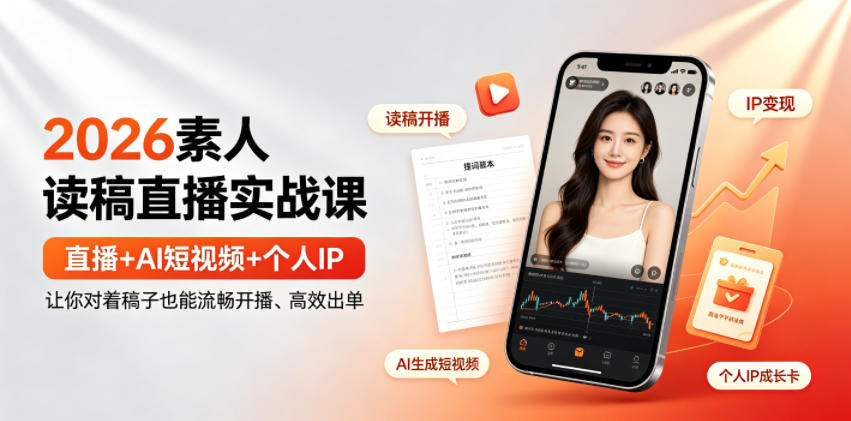 2026素人读稿直播实战课｜直播+AI短视频+个人IP，让你对着稿子也能流畅开播、高效出单-吾爱云课堂