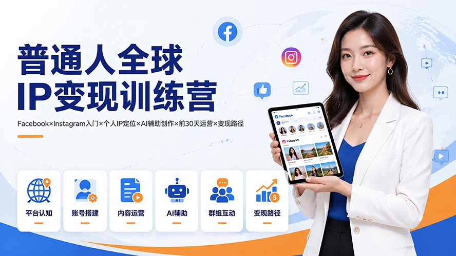 普通人全球IP变现训练营：Facebook×Instagram入门×个人IP定位×AI辅助创作×前30天运营×变现路径-吾爱云课堂