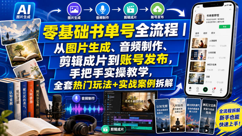 零基础书单号全流程｜从图片生成、音频制作、剪辑成片到账号发布，手把手实操教学，全套热门玩法+实战案例拆解-吾爱云课堂